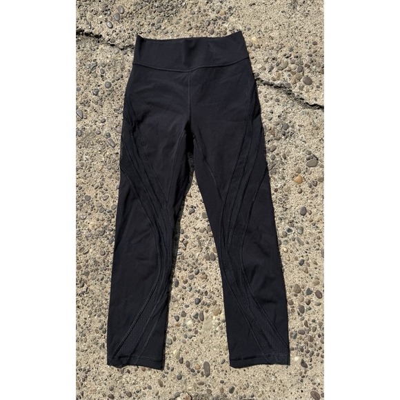 Lululemon Never Still Crop 21" Black Leggings Size 4 Mesh Pocket Logo W6AOQS - Picture 1 of 8